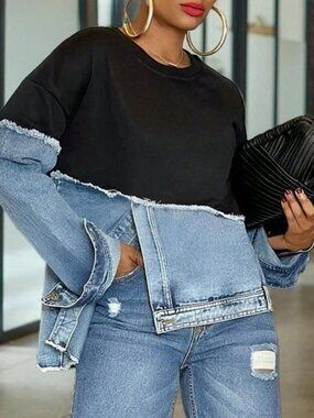 Black Casual Women's Valentine's Day Denim Patchwork Sweatshirt